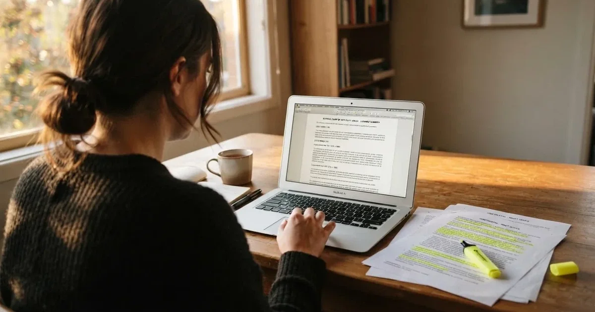 A laptop screen showing a page of terms and conditions text with a highlighter resting nearby.