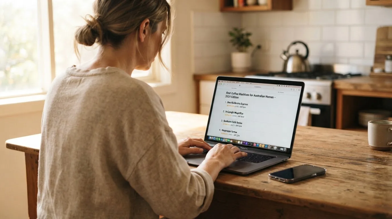 A person at a kitchen table scrolling through review pages on a laptop, phone face-down beside them.
