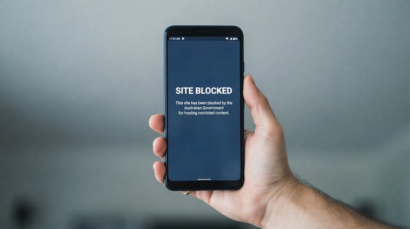 A smartphone screen showing a plain government warning notice about a blocked website, held against a blurred background.