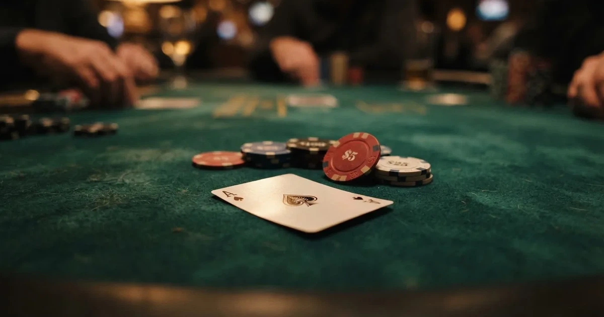 A close-up of a green felt gaming table with cards and chips mid-hand.