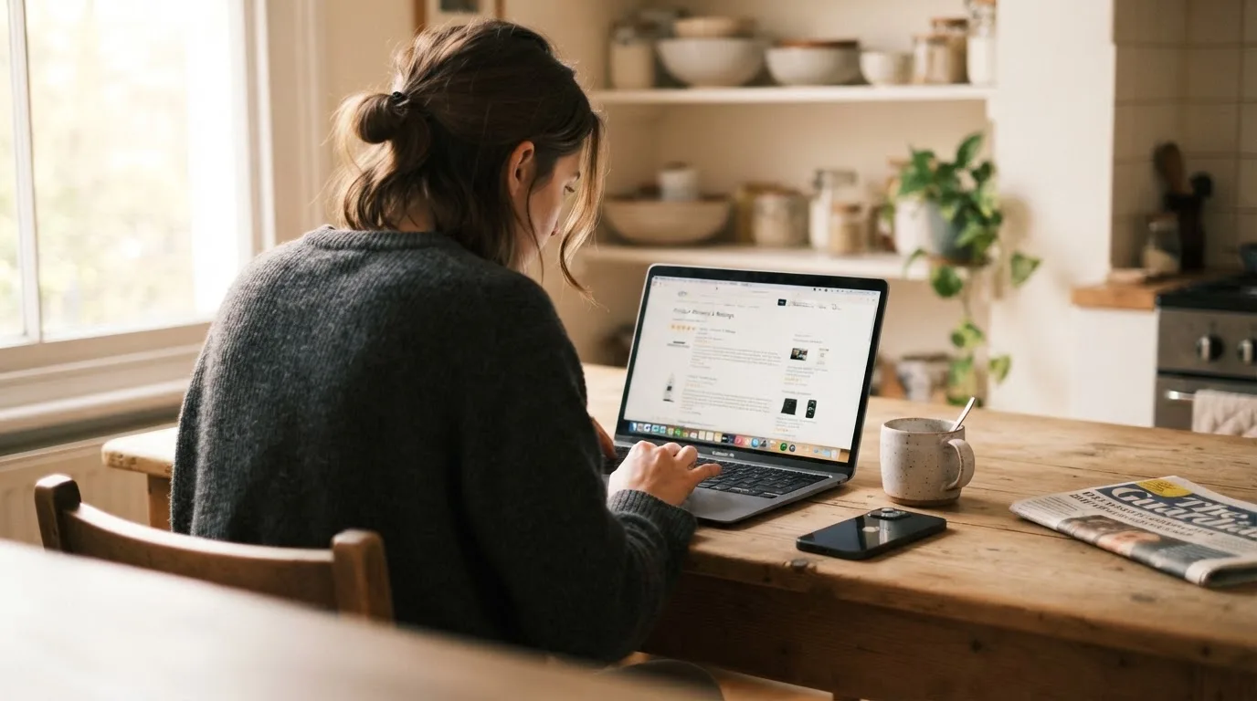 A person at a kitchen table scrolling through review pages on a laptop, phone face-down beside them.