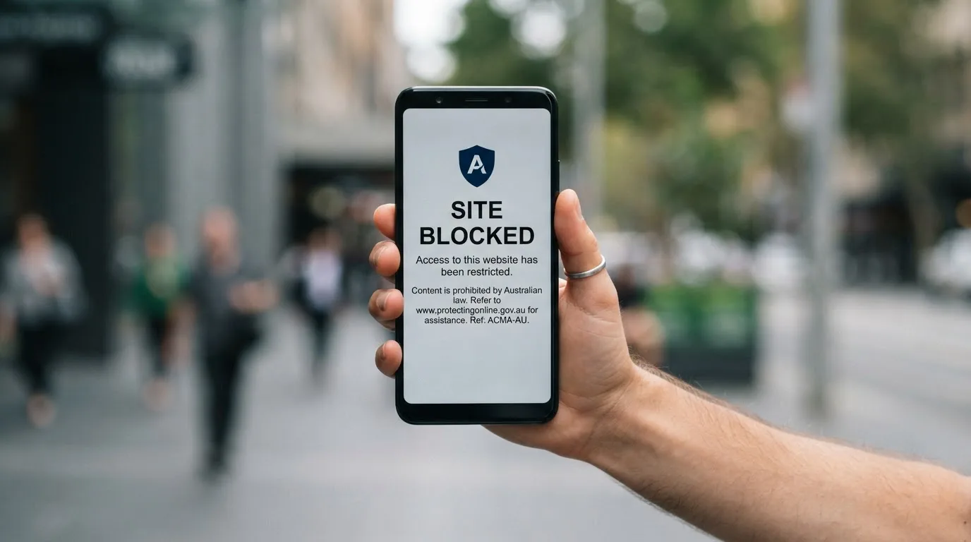 A smartphone screen showing a plain government warning notice about a blocked website, held against a blurred background.