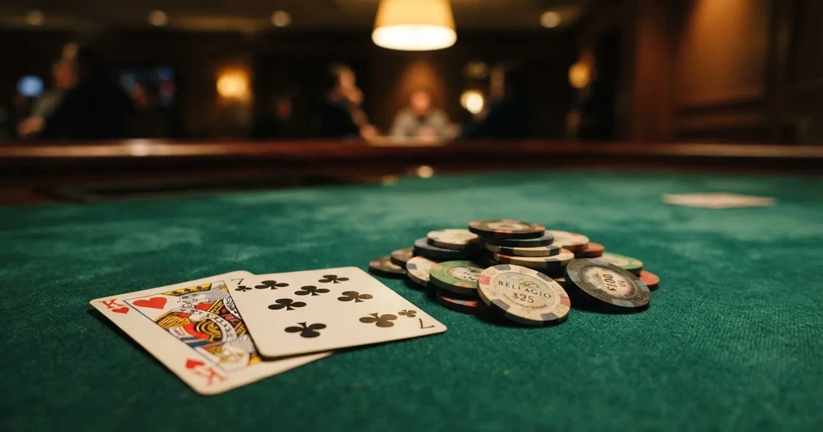 A close-up of a green felt gaming table with cards and chips mid-hand.