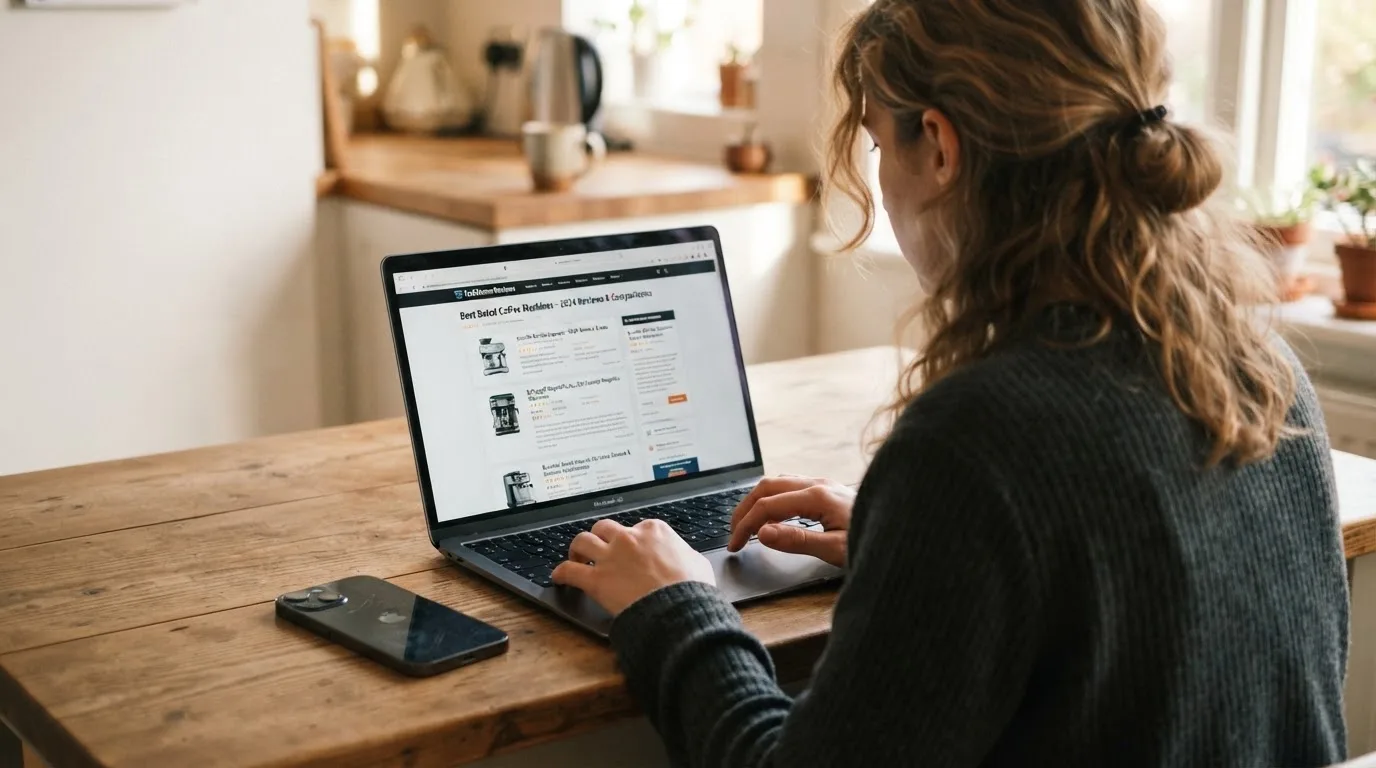 A person at a kitchen table scrolling through review pages on a laptop, phone face-down beside them.