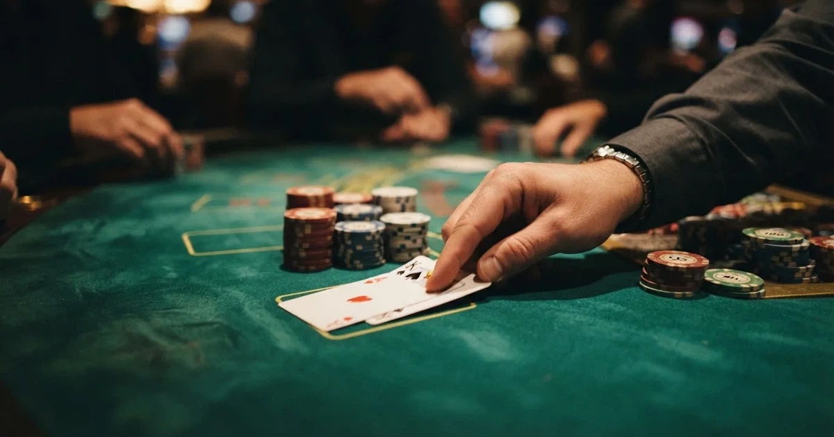 A close-up of a green felt gaming table with cards and chips mid-hand.