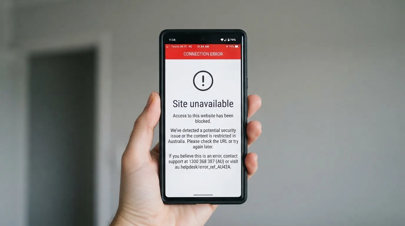 A smartphone screen showing a plain government warning notice about a blocked website, held against a blurred background.