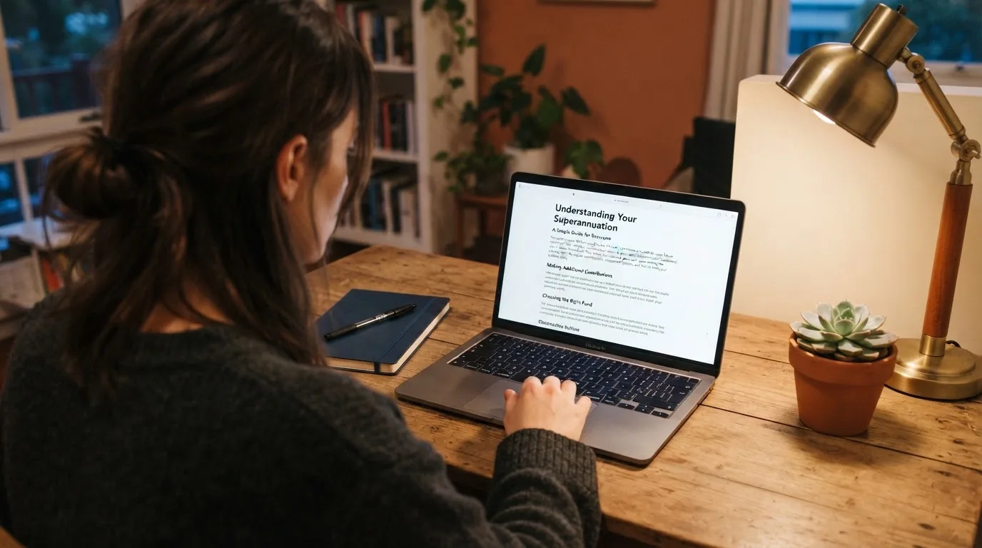 A person at a laptop reading a plain-language explainer article at a home desk.