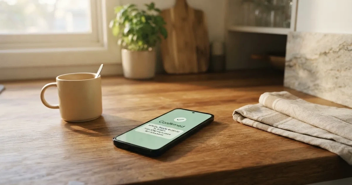 A close-up of a banking app on a smartphone showing a same-day transfer confirmation on a kitchen table.