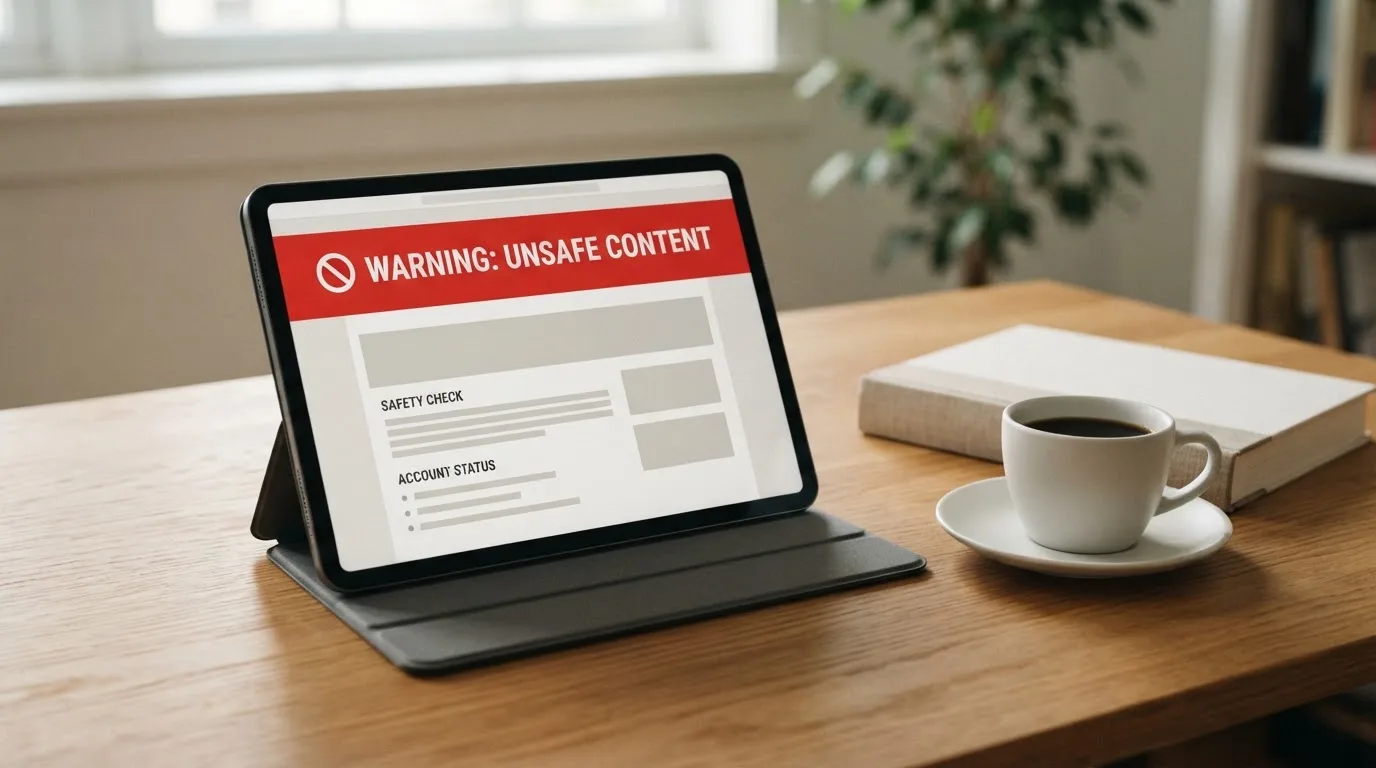 A tablet screen displaying an official regulator warning notice on a desk beside a coffee cup.