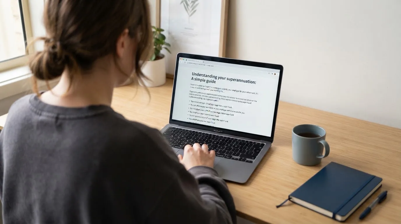 A person at a laptop reading a plain-language explainer article at a home desk.