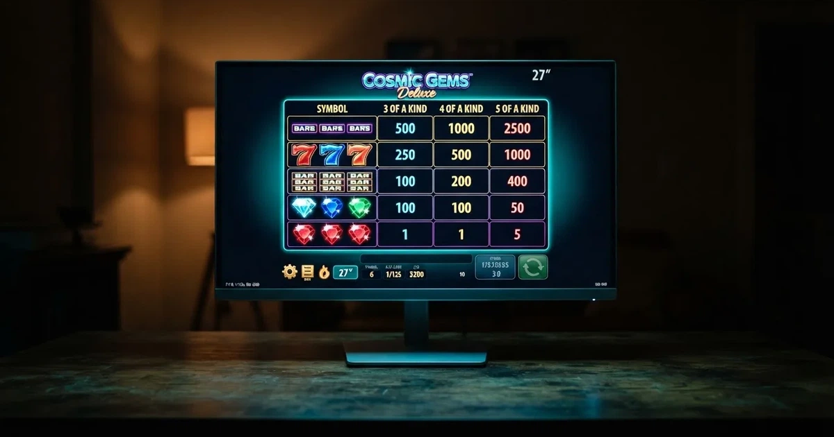 A slot machine's paytable screen glowing on a monitor in a dim room.