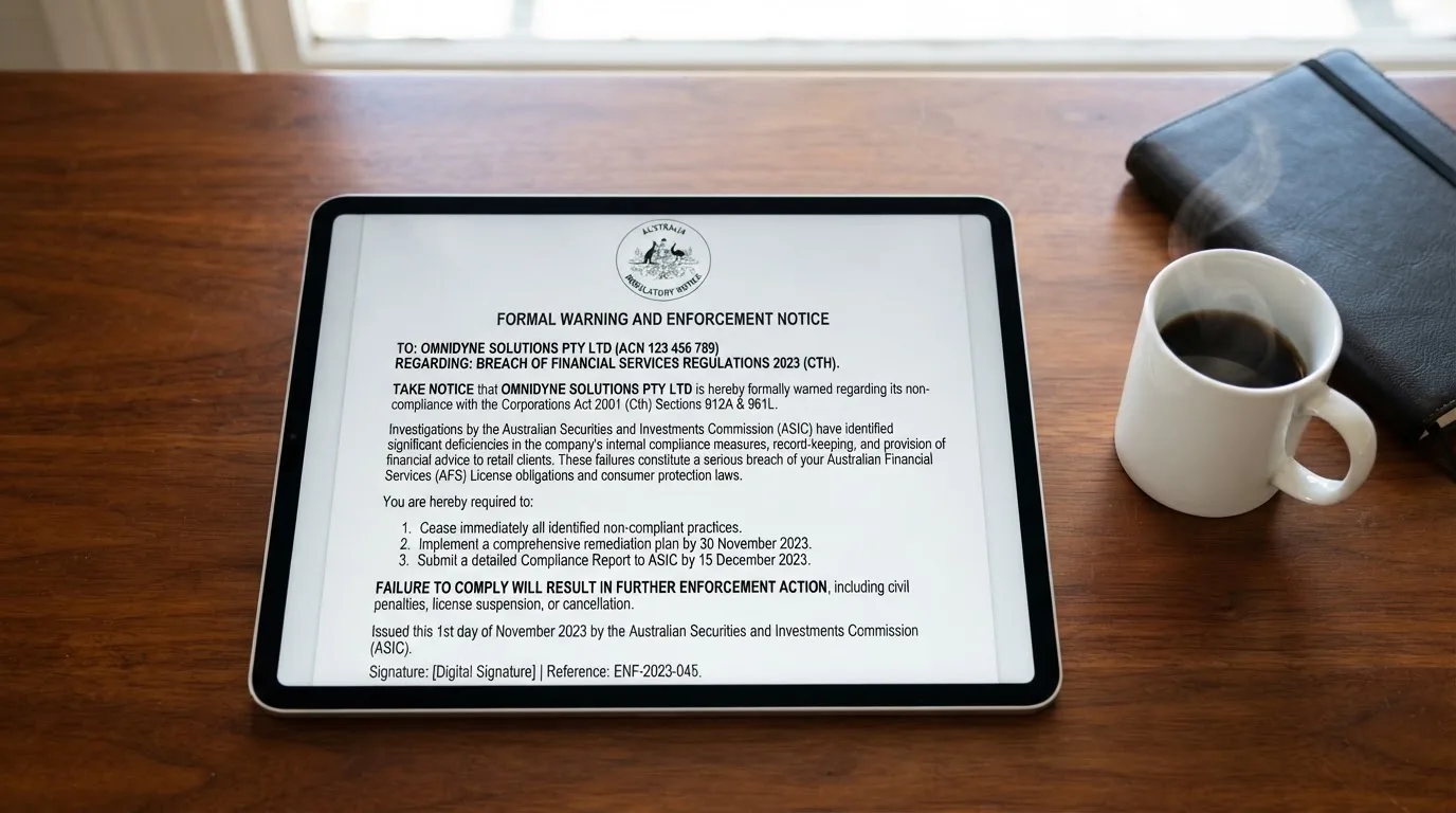 A tablet screen displaying an official regulator warning notice on a desk beside a coffee cup.