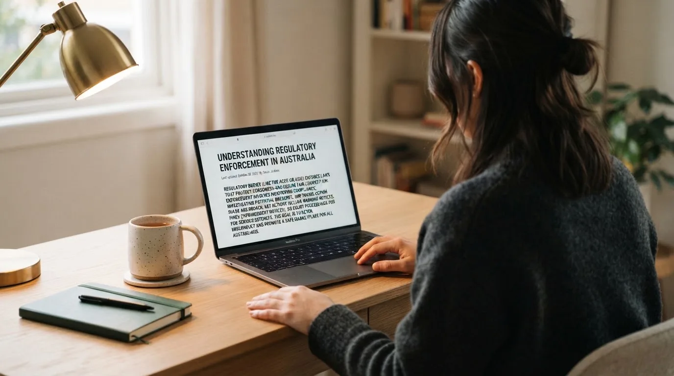 A person at a laptop reading a plain-language explainer article at a home desk.
