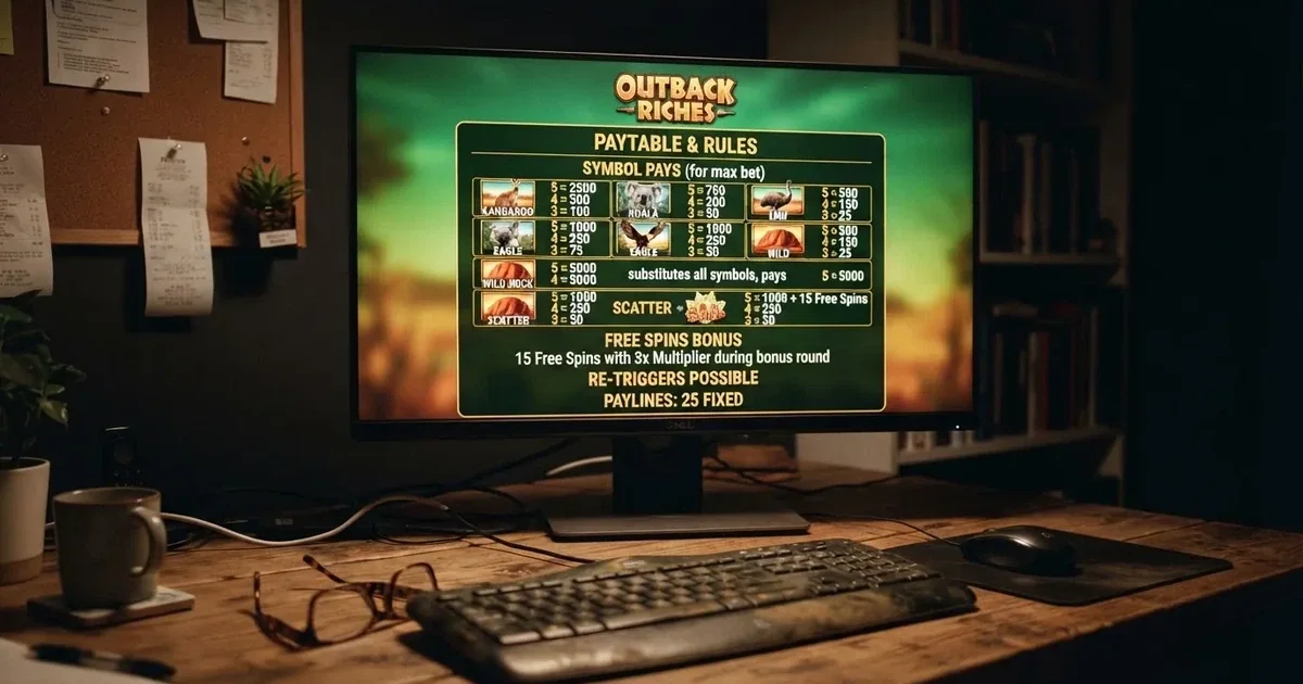 A slot machine's paytable screen glowing on a monitor in a dim room.