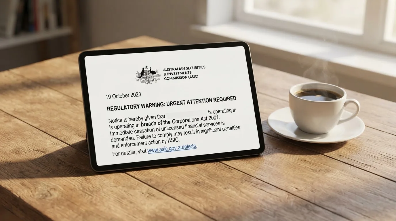 A tablet screen displaying an official regulator warning notice on a desk beside a coffee cup.