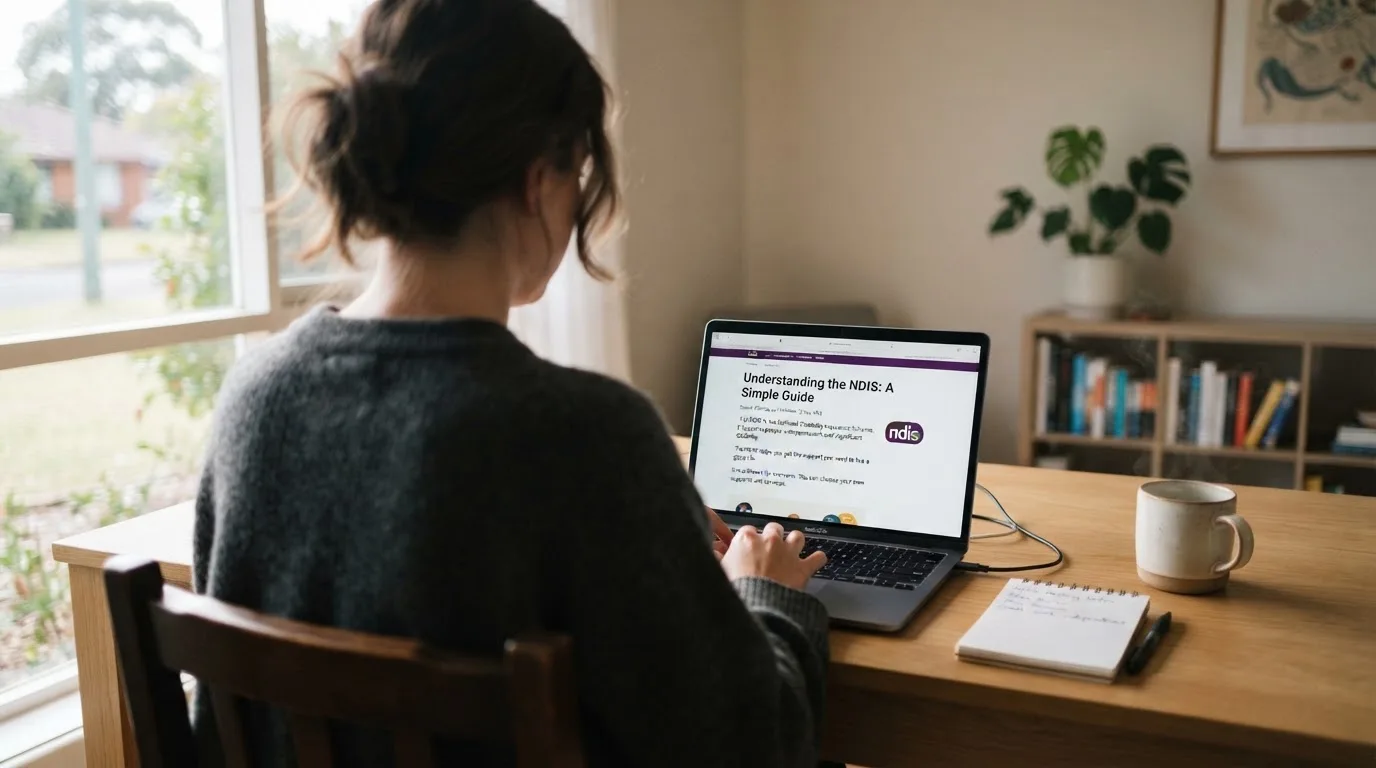 A person at a laptop reading a plain-language explainer article at a home desk.