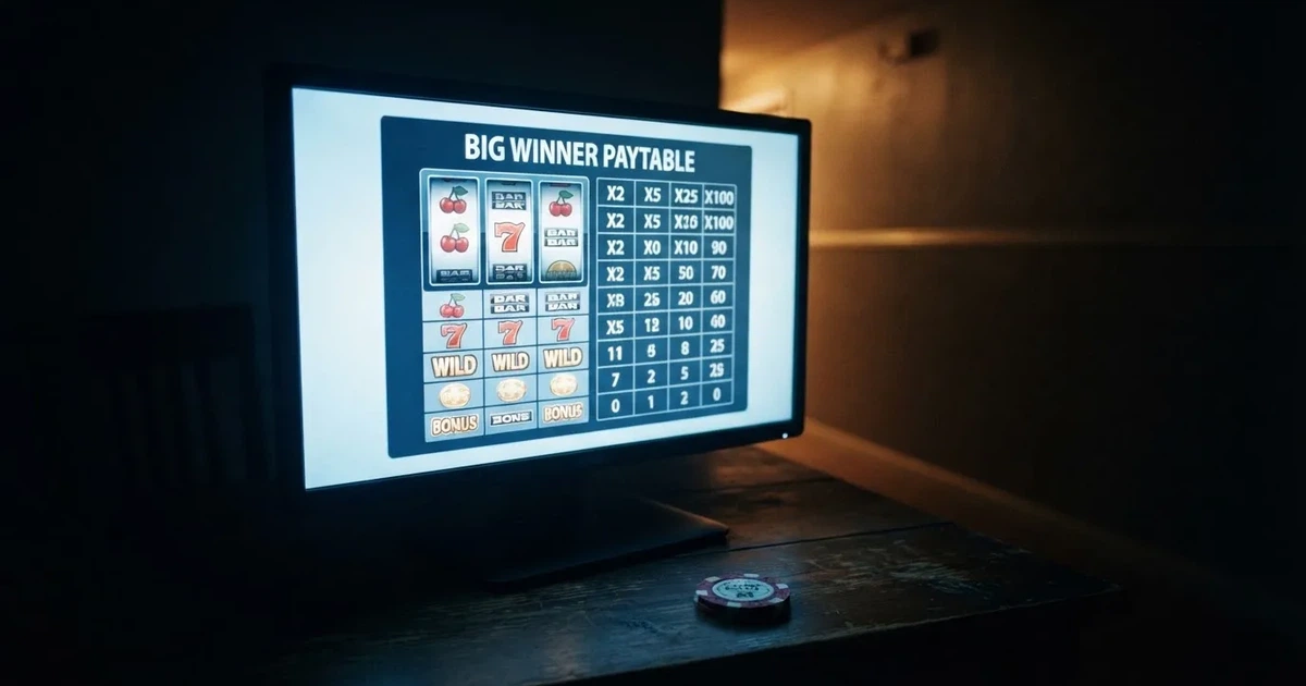 A slot machine's paytable screen glowing on a monitor in a dim room.