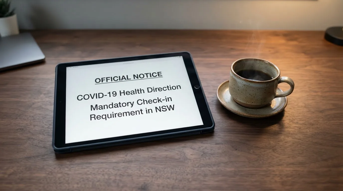 A tablet screen displaying an official regulator warning notice on a desk beside a coffee cup.