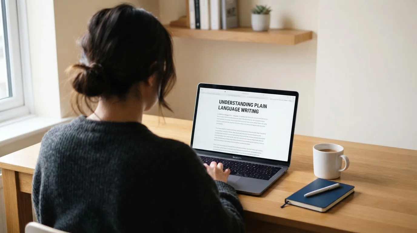 A person at a laptop reading a plain-language explainer article at a home desk.