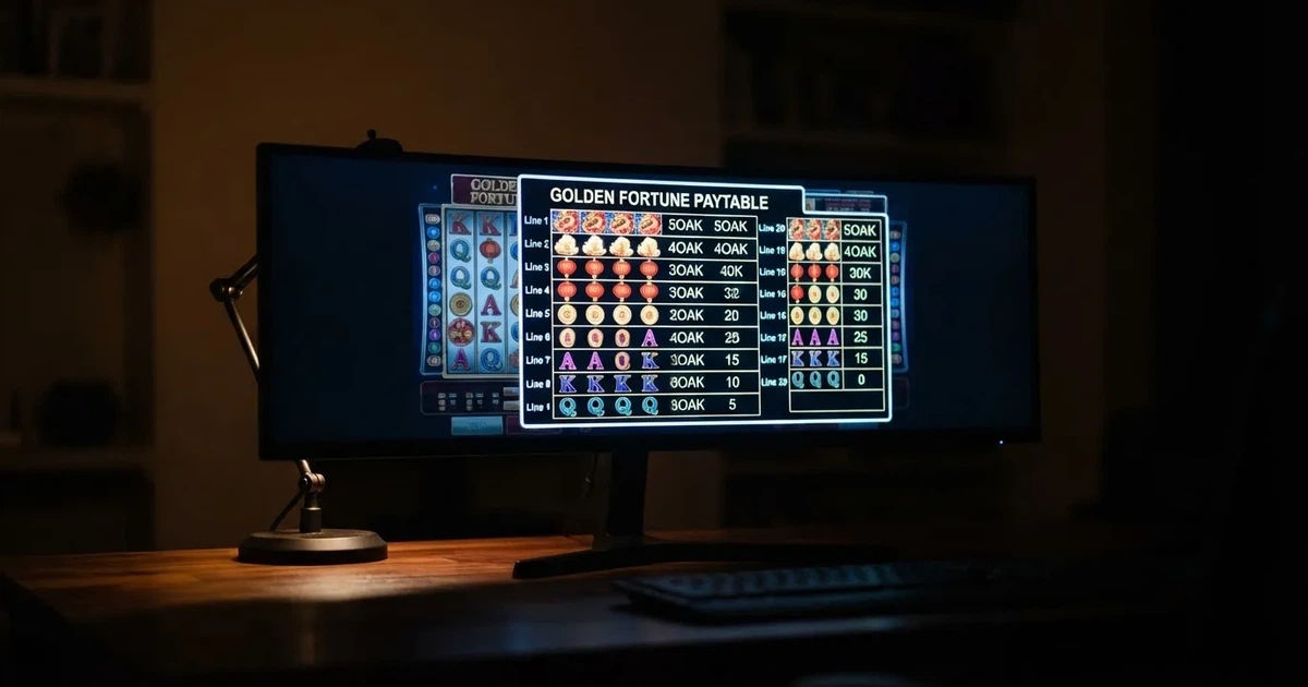 A slot machine's paytable screen glowing on a monitor in a dim room.