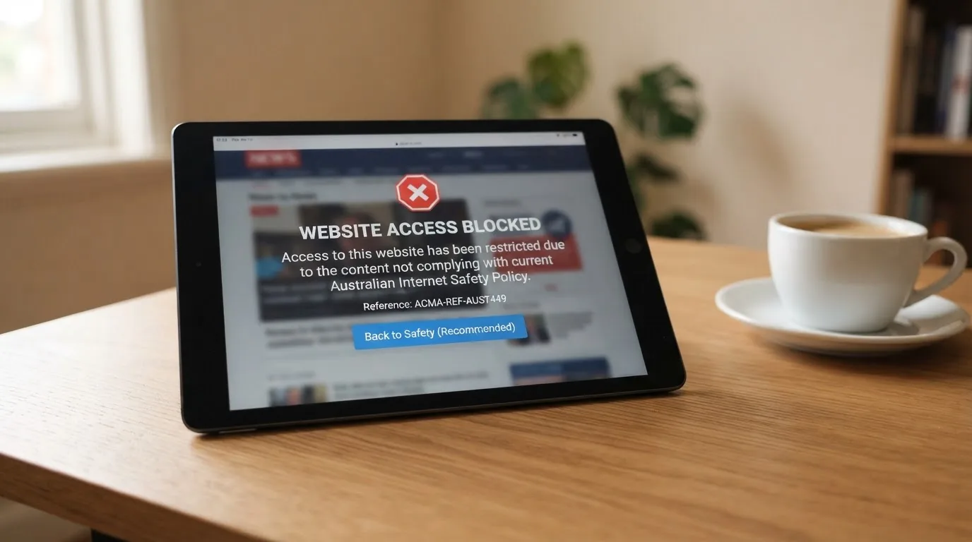A tablet screen displaying an official regulator warning notice on a desk beside a coffee cup.