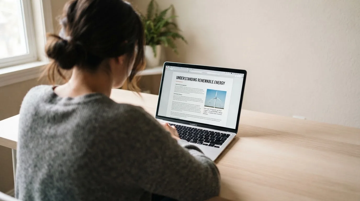 A person at a laptop reading a plain-language explainer article at a home desk.