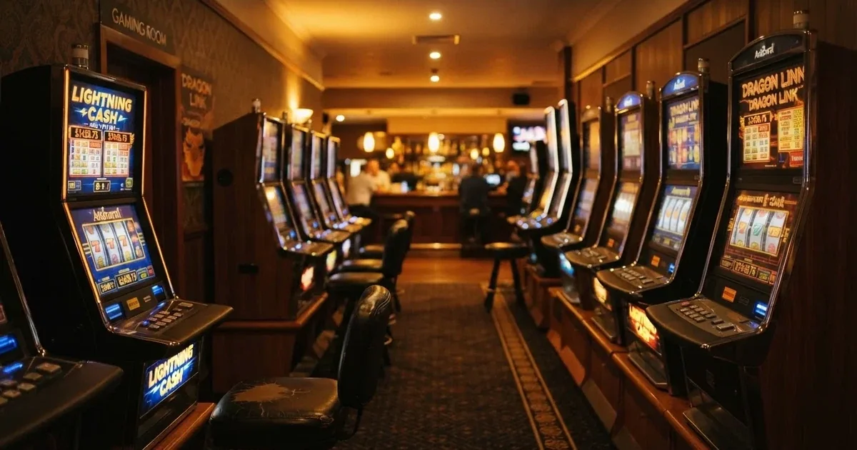 Rows of electronic gaming machines lit up inside a suburban pub near Adelaide's CBD.