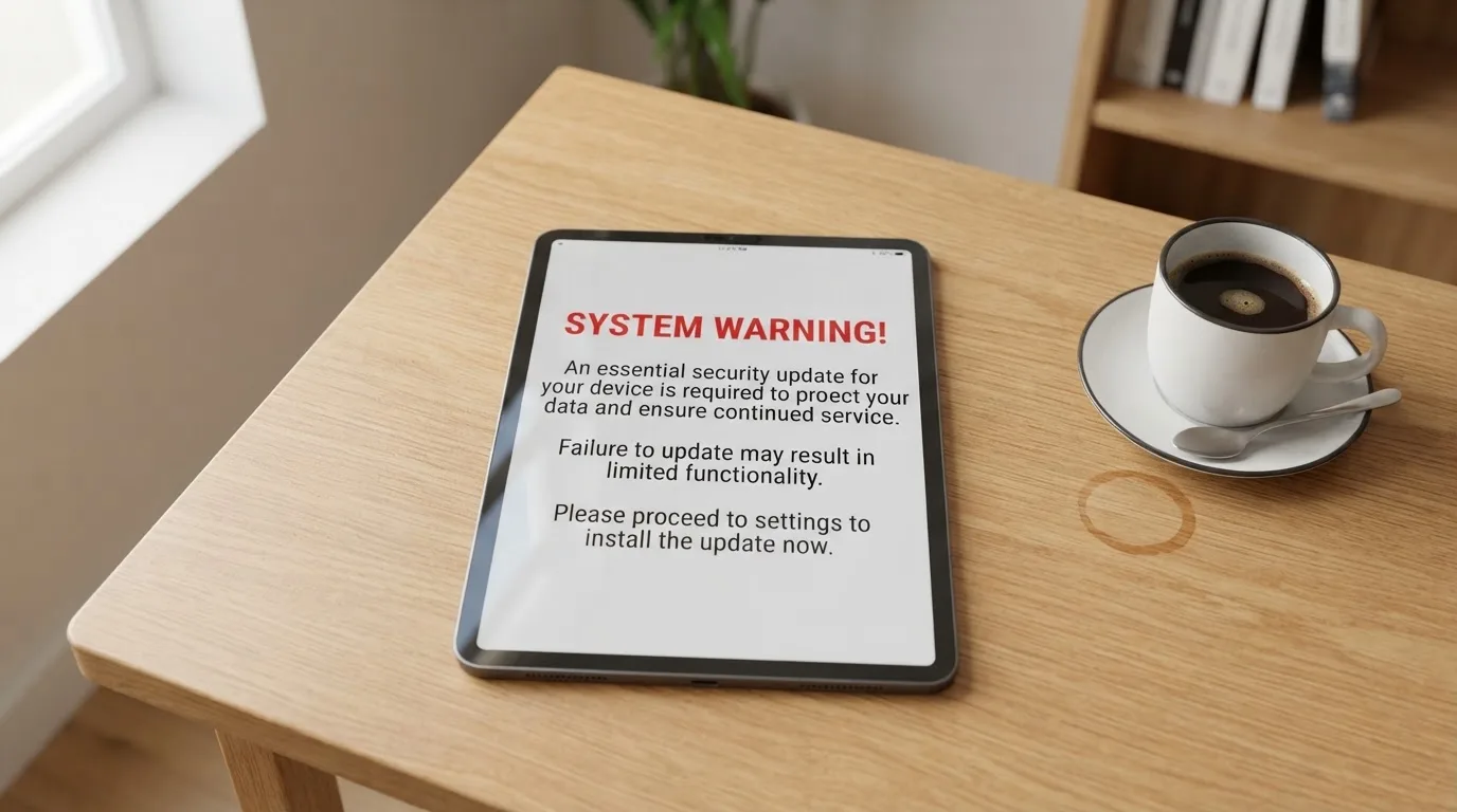 A tablet screen displaying an official regulator warning notice on a desk beside a coffee cup.