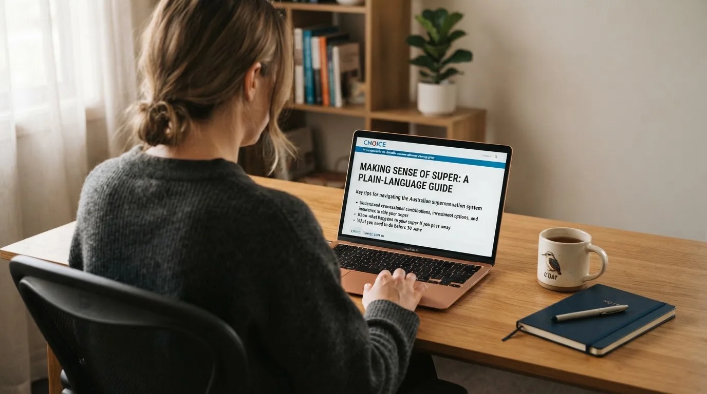 A person at a laptop reading a plain-language explainer article at a home desk.