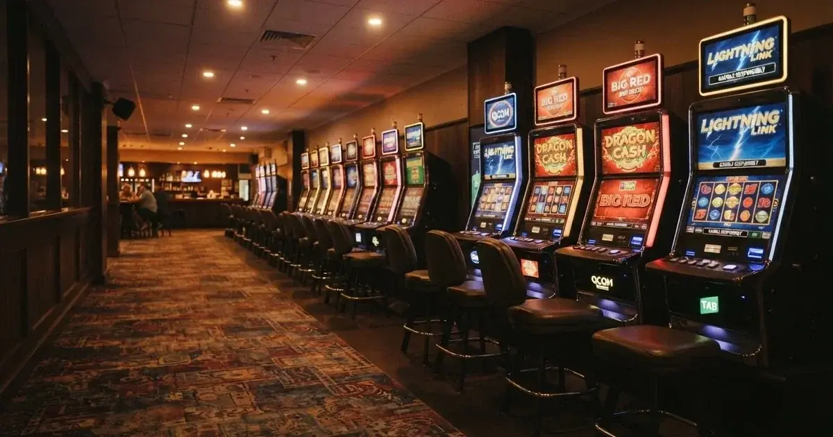 A row of gaming machines inside a licensed club in suburban Brisbane.