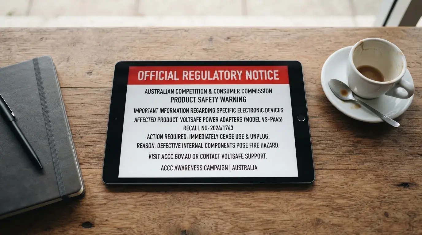 A tablet screen displaying an official regulator warning notice on a desk beside a coffee cup.