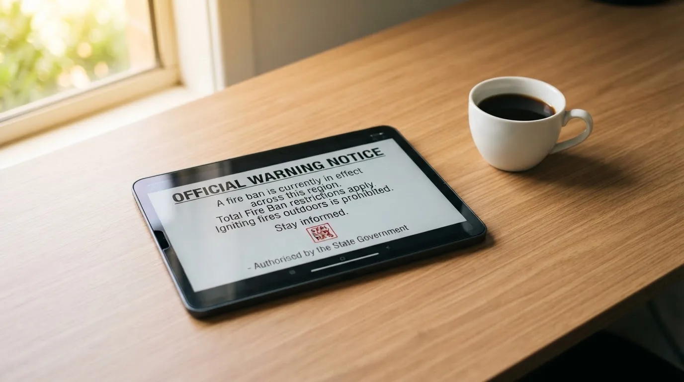 A tablet screen displaying an official regulator warning notice on a desk beside a coffee cup.