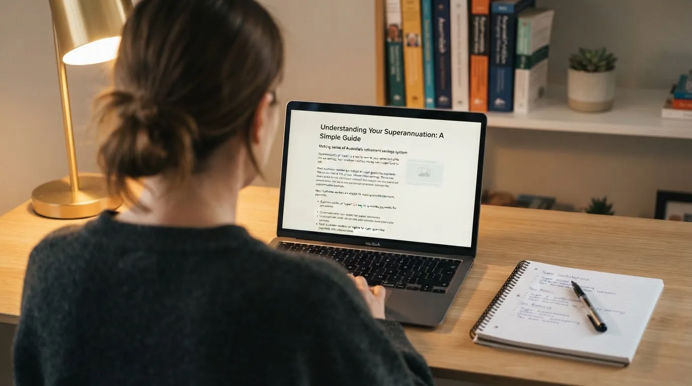 A person at a laptop reading a plain-language explainer article at a home desk.