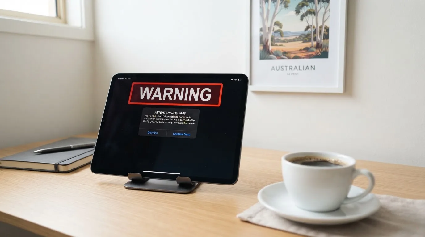 A tablet screen displaying an official regulator warning notice on a desk beside a coffee cup.