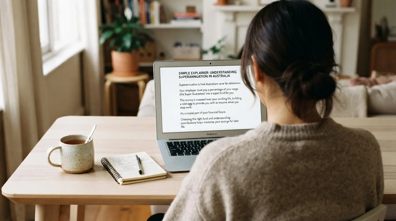 A person at a laptop reading a plain-language explainer article at a home desk.