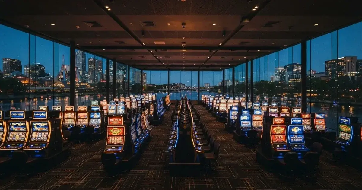 A gaming floor with rows of electronic machines beside the Yarra River in Melbourne.