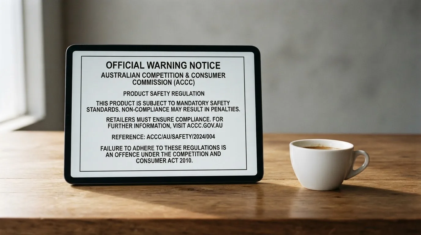 A tablet screen displaying an official regulator warning notice on a desk beside a coffee cup.