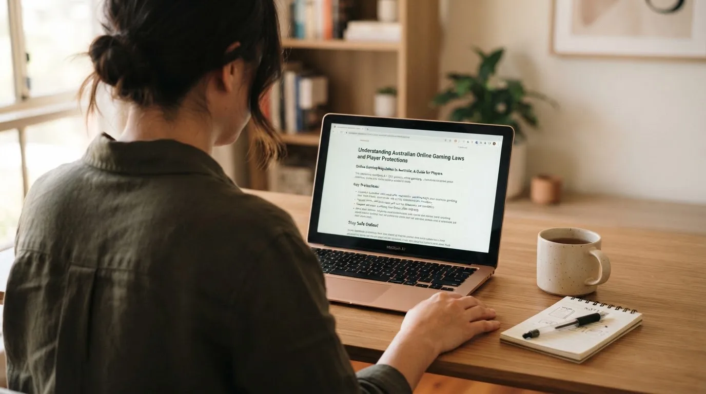 A person at a laptop reading a plain-language explainer article at a home desk.