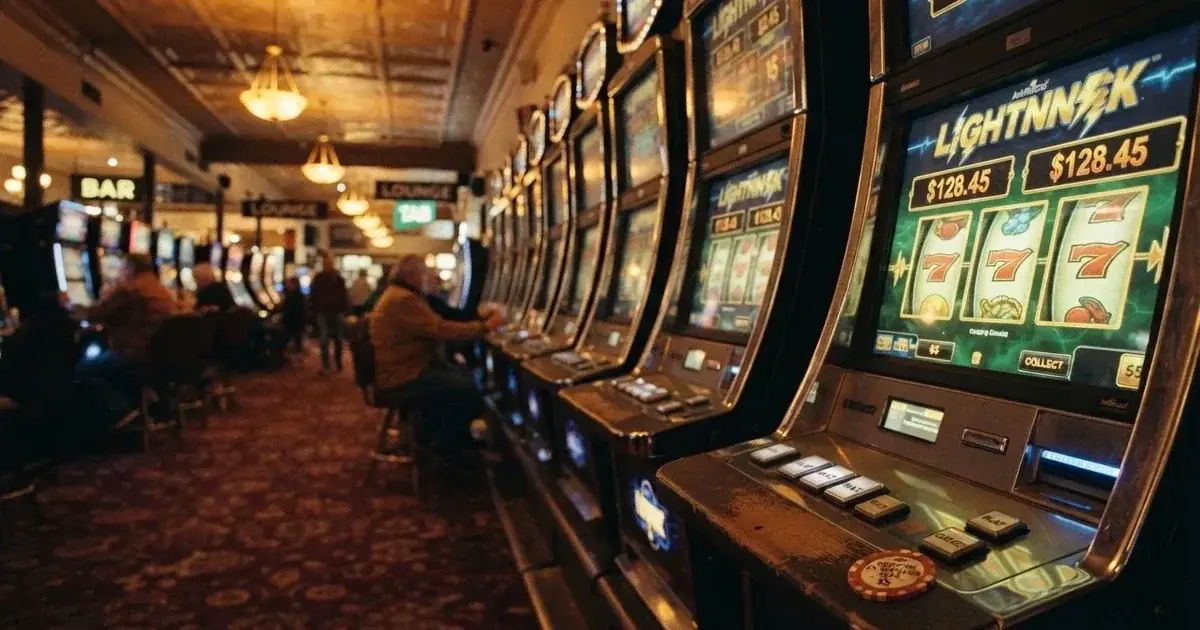 A row of gaming machines inside a suburban registered club in regional New South Wales.