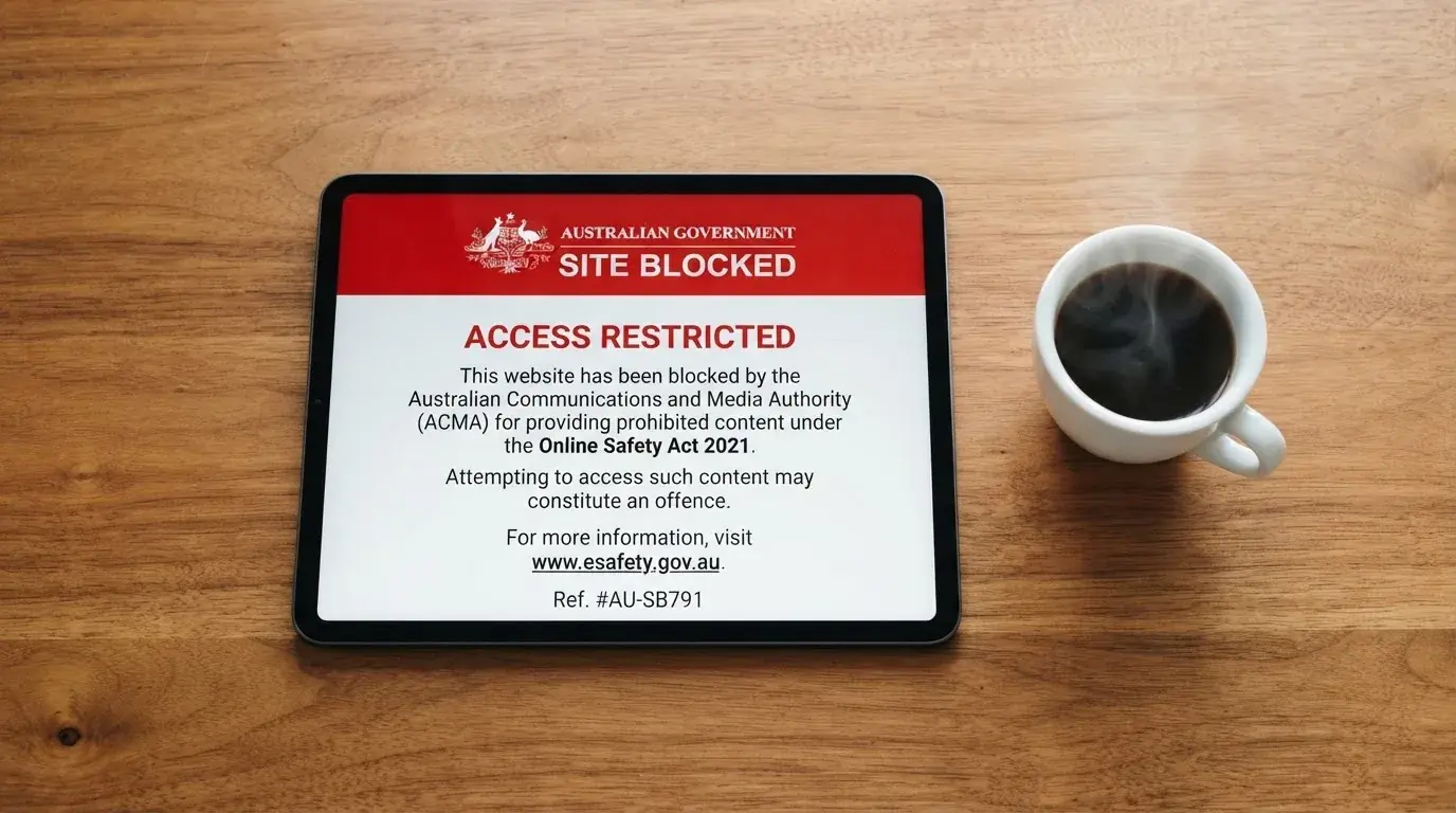 A tablet screen displaying an official regulator warning notice on a desk beside a coffee cup.