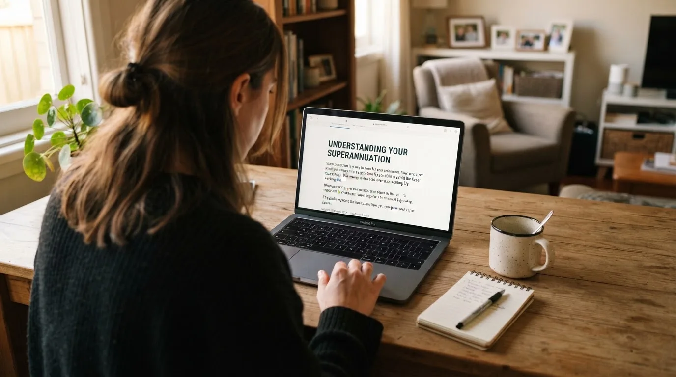 A person at a laptop reading a plain-language explainer article at a home desk.