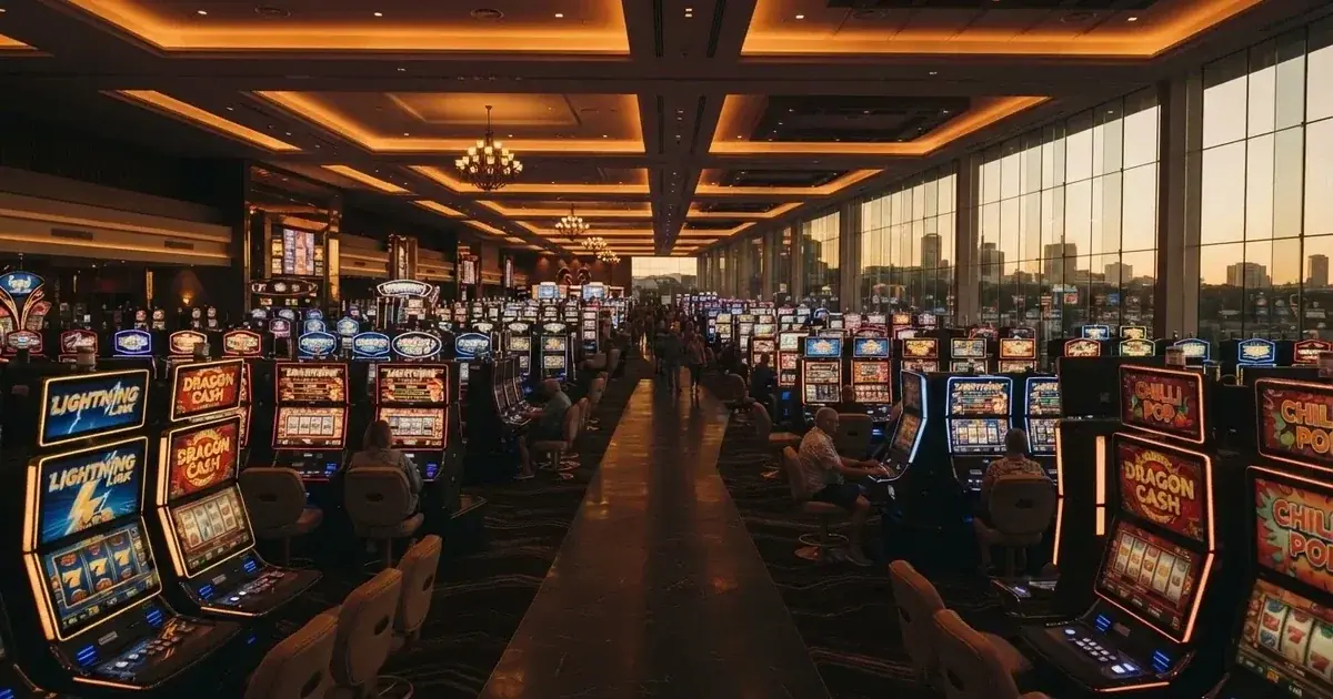 A casino resort gaming floor with rows of electronic machines in Perth.