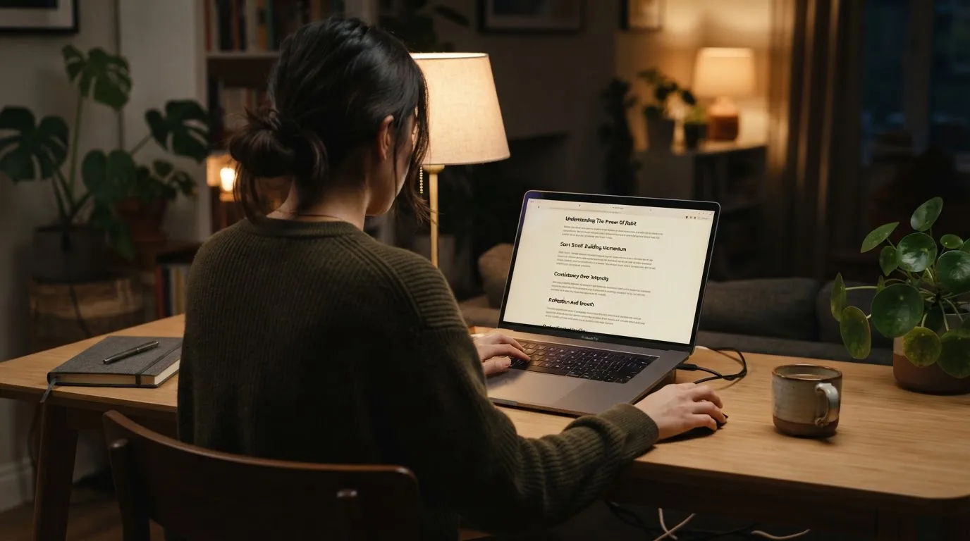 A person at a laptop reading a plain-language explainer article at a home desk.