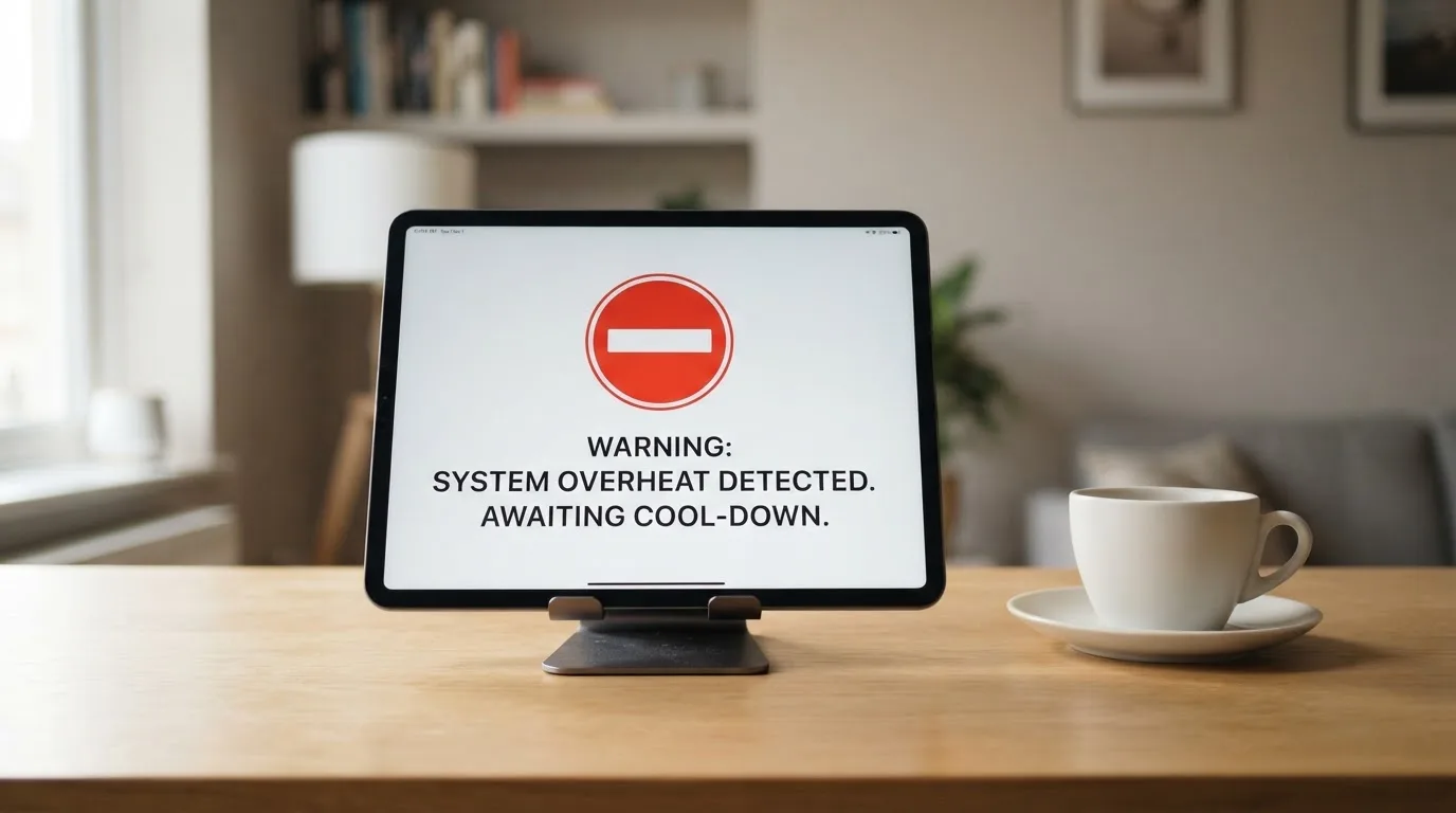A tablet screen displaying an official regulator warning notice on a desk beside a coffee cup.