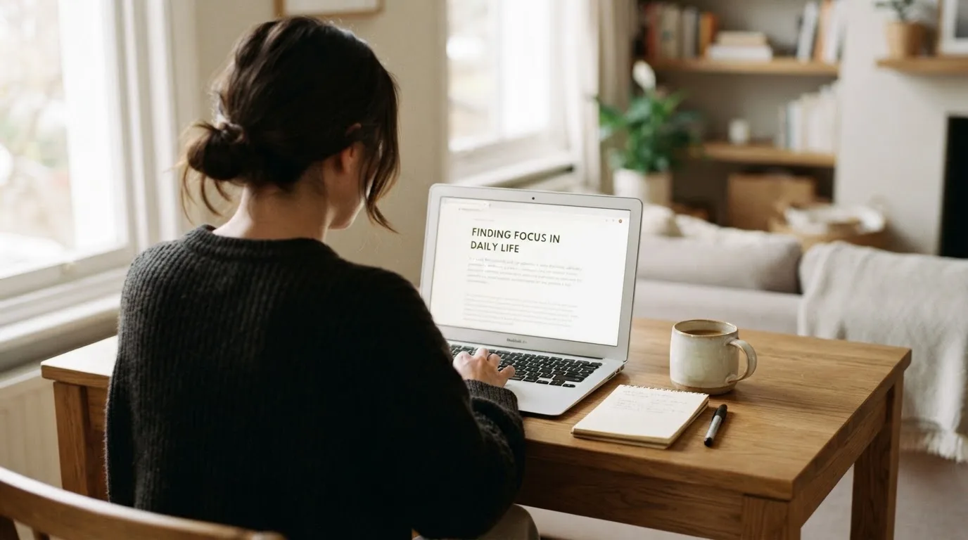 A person at a laptop reading a plain-language explainer article at a home desk.