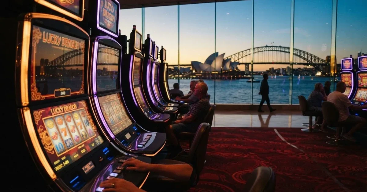 A casino gaming floor overlooking the harbour precinct in Sydney.