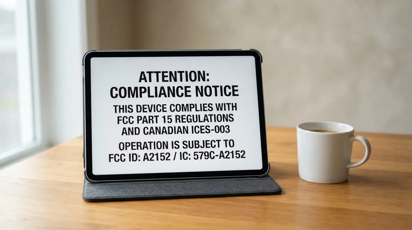 A tablet screen displaying an official regulator warning notice on a desk beside a coffee cup.