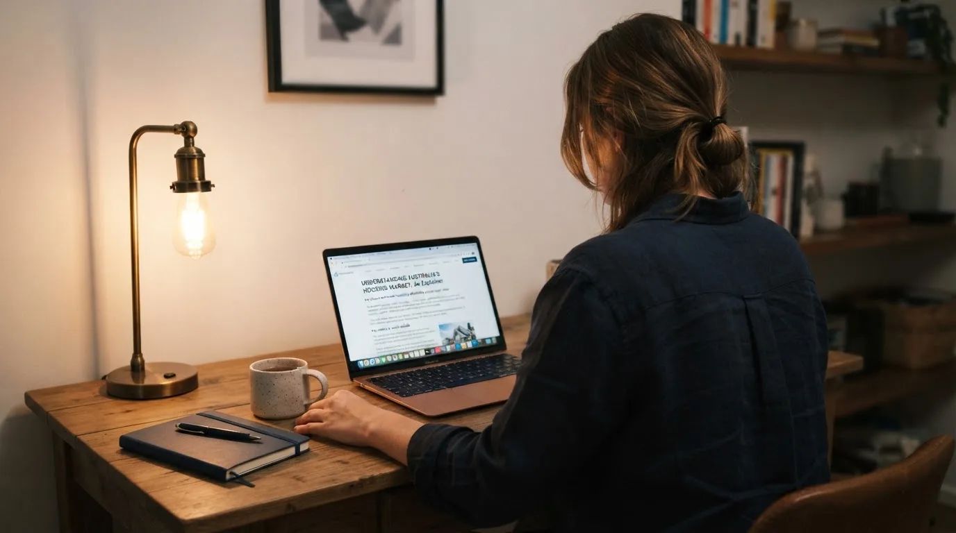 A person at a laptop reading a plain-language explainer article at a home desk.