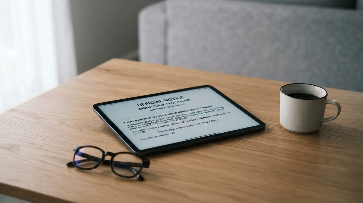 A tablet screen displaying an official regulator warning notice on a desk beside a coffee cup.