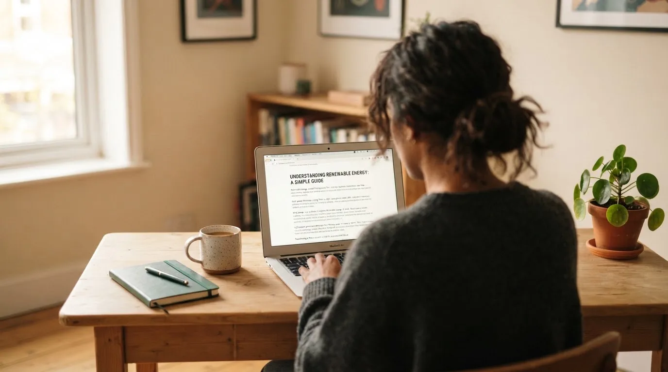 A person at a laptop reading a plain-language explainer article at a home desk.